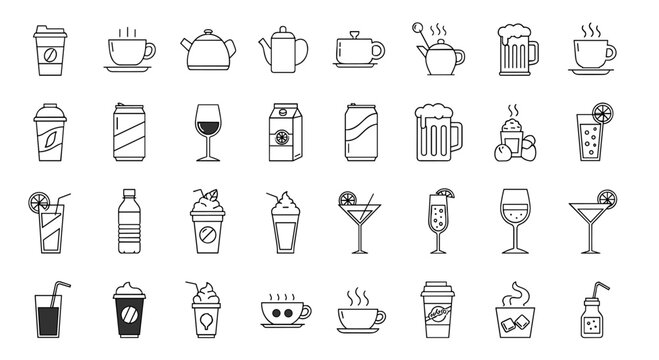 Collection of beverage and drink icons with coffee tea and juices on a white background simple design