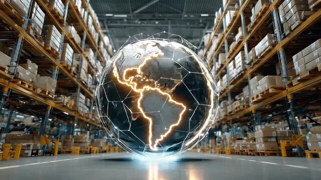 Global Logistics Hub: A glowing globe hovers within a modern warehouse, symbolizing worldwide distribution and supply chain efficiency.