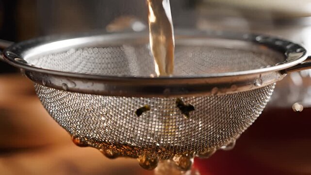 Closeup of liquid being strained through a metal sieve.