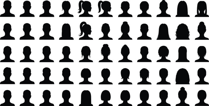 Diverse collection of black head and shoulder avatar silhouettes representing various male and female user profile icons for social media