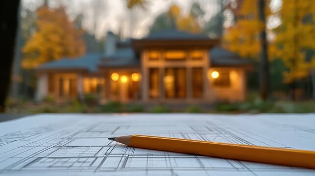 Close-up of pencil on architectural blueprint with blurred modern house exterior in autumn setting featuring warm lighting and fall foliage in background