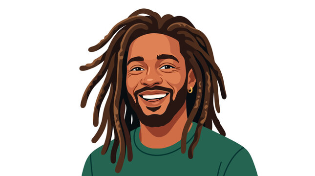 Happy man smiling with dreadlocks against white background