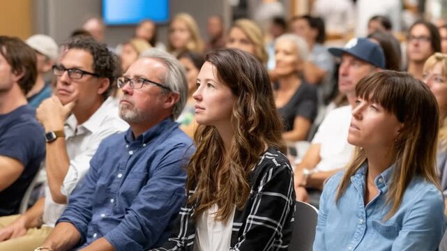 Attentive Audience at Event: A diverse gathering of individuals, engrossed in a presentation, their faces etched with contemplation and interest, creating a scene of intellectual engagement.