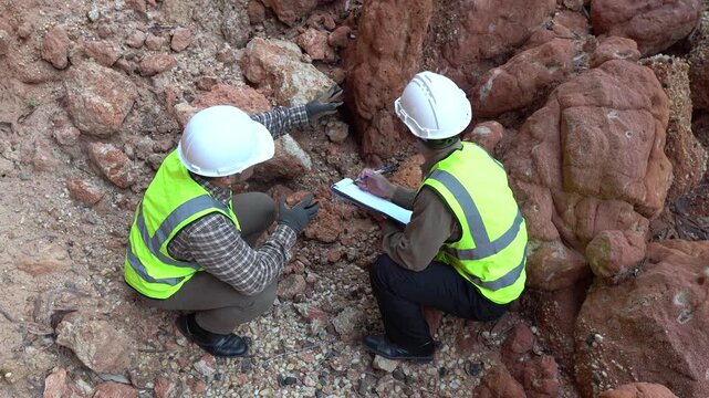 Two geologists analyzing soil and rock formations at a mining excavation site. They are conducting geological surveys and evaluating mineral resources for industrial project planning.