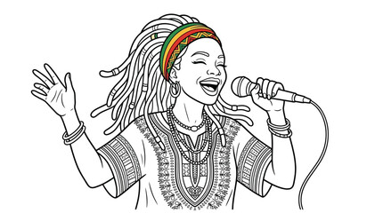 Fototapeta premium Jamaican singer with dreadlocks singing into microphone, outline illustration