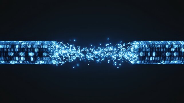 Digital data transfer broken connection with shattered binary code and glowing particles in futuristic dark background concept of technology cybersecurity failure