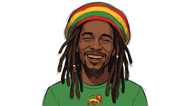 Joyful man with dreadlocks smiling, wearing a Rasta hat, illustration style