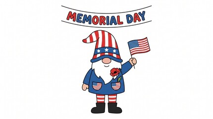 Obraz premium Happy Memorial Day gnome celebrating with American flag and poppy