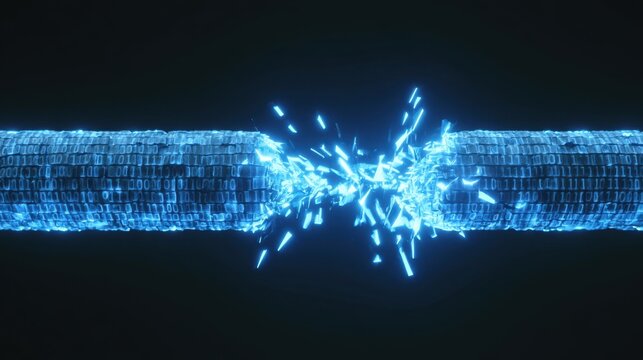 Digital representation of a breaking chain link with glowing blue binary code and shattered fragments symbolizing cybersecurity breach or system failure concept in dark
