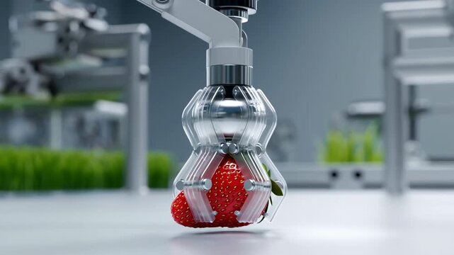 Automated Robot Collects Ripe Strawberries. Sophisticated Machine Skillfully Gathers Mature Berries