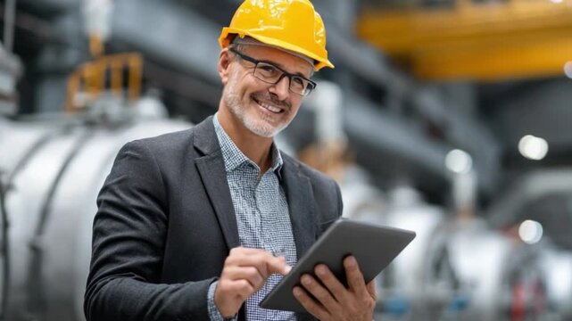 Smiling Engineer: An experienced engineer, donning a hard hat and glasses, focuses intently on a tablet within a bustling industrial setting. Embodying knowledge and experience.