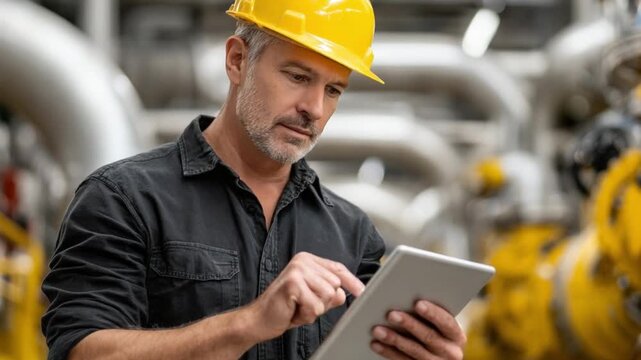 Industrial Engineer in Thought: An experienced engineer, clad in a protective hard hat, intently reviews data on a tablet within a bustling industrial setting.