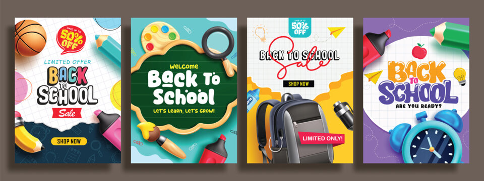 Back to school poster clipart set. School sale and welcome greeting clip art bundle with educational elements for poster, card, sale, invitation and flyer vector illustration. 
