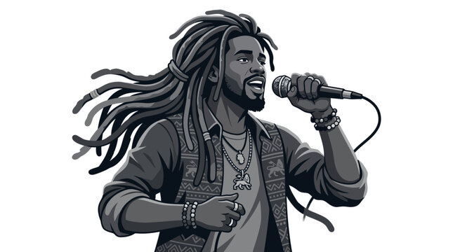 Rasta Man Singing into Microphone, Vector Illustration