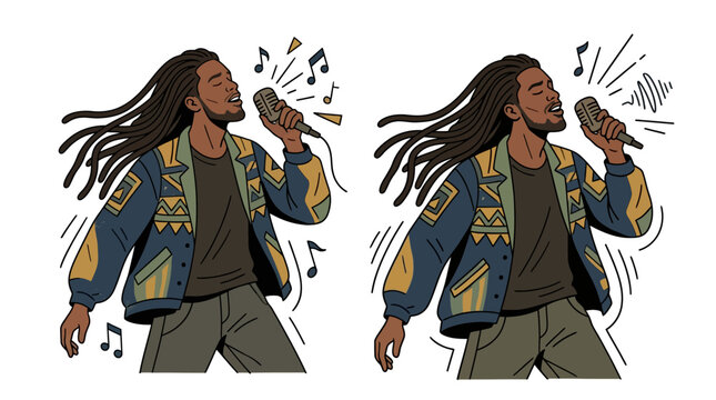 Singer with dreadlocks in action, abstract style vector illustration