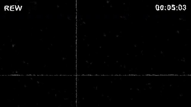 Authentic VHS rewind effect with vintage static, scratches, and digital noise overlay. Old video cassette player screen with time counter and playback errors, perfect for retro projects.