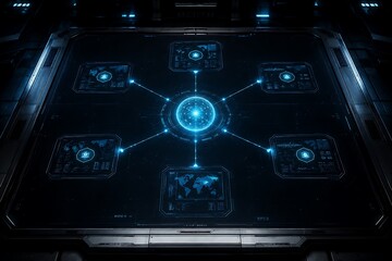 Fototapeta premium Futuristic blue sci-fi interface with glowing orb and screens