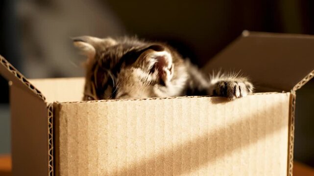 A fluffy tabby kitten with wide eyes curiously peeks over the edge of a textured corrugated cardboard shipping container, bathed in warm sunlight casting playful shadows