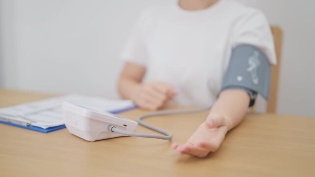 woman checking Blood pressure by Blood pressure monitor with Cuff. Systolic, SYS, Diastolic, DIA, Pulse, Hypertension, Hypotension, Heart rate, Cardiovascular Disease and May World hypertension day