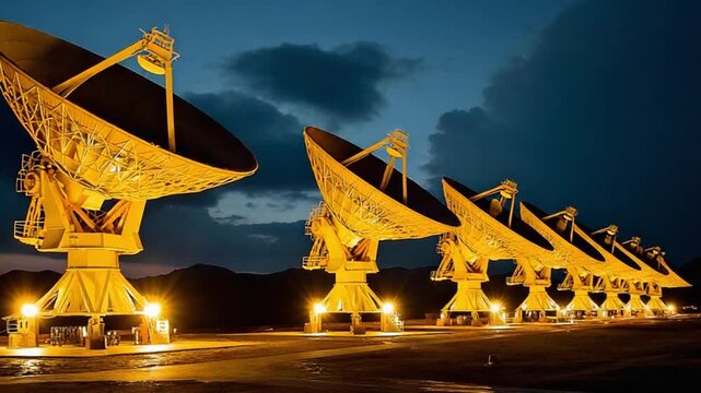 Array of Radio Antennas: Majestic radio antennas pierce the twilight sky, their parabolic dishes poised to gather celestial signals in a cutting-edge technological facility.