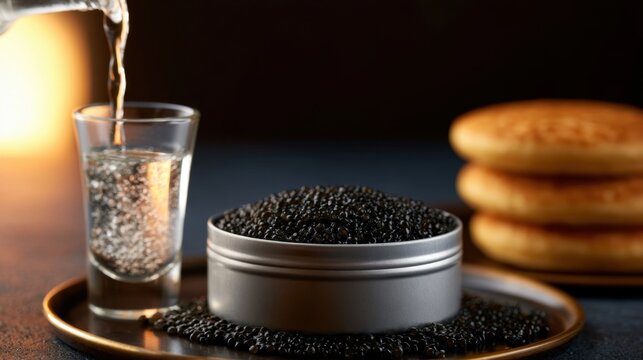 Close-up of black caviar in round metal container served on plate with vodka being poured into glass on dark background with warm lighting