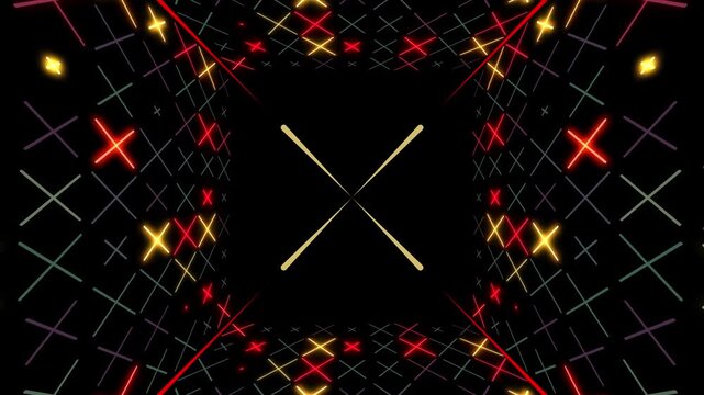digital art tunnel background. Retro corridor with vintage stylized X pattern walls. Large X cross screen striped by lines