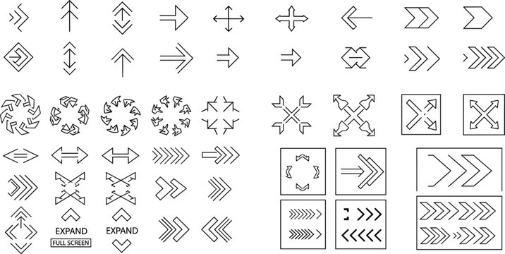 Set of technical black line art arrow icons featuring navigation pointers expand symbols and directional markers isolated on white background