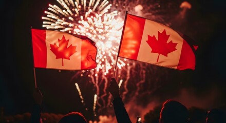 Happy canada day celebration waving flags and fireworks display for national day