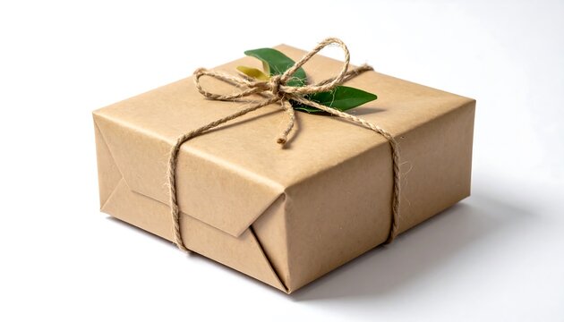 Wrapped Brown Paper Gift Box Tied with Twine on White Background
