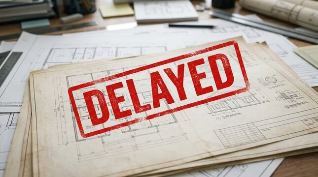 Red Delayed Stamp on Architectural Blueprints Concept