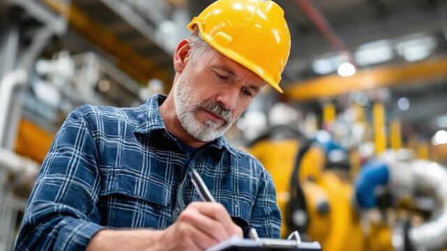 Precision and Diligence: A focused worker, clad in a protective helmet, diligently takes notes while overseeing operations, embodying responsibility and safety within the workplace.