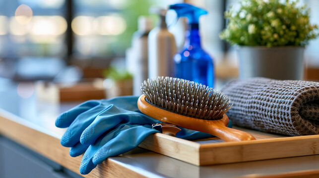 A pair of pet grooming gloves and a slicker brush on a clean salon counter, grooming gloves, slicker brush, salon counter, professional tools, organized arrangement, hygiene