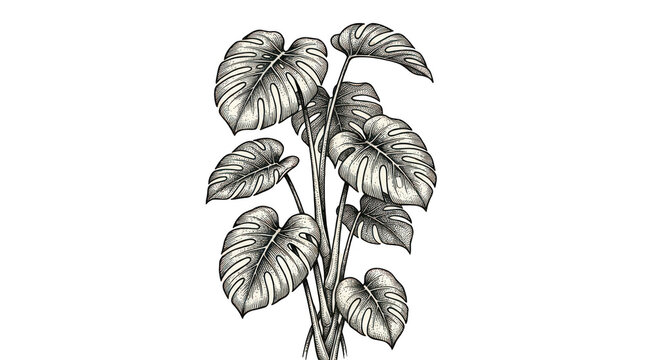 Monstera deliciosa plant with large leaves and stems  tropical foliage illustration transparent background