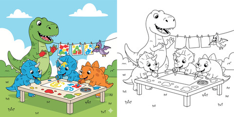Cute Cartoon Dinosaurs Painting Together Outdoors, T-Rex and Friends Creative Art Class Illustration © Dewan
