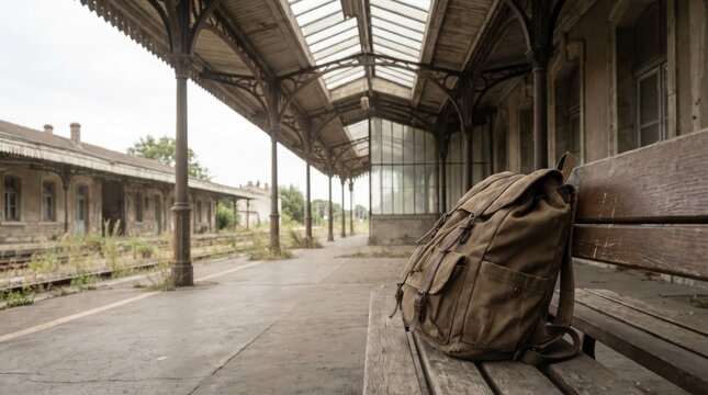 Forgotten Backpack On Empty Train Station Bench