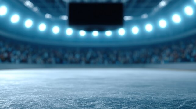 Empty ice rink with smooth frozen surface under bright stadium lights in large indoor arena with blurred crowd background ready for game or practice session