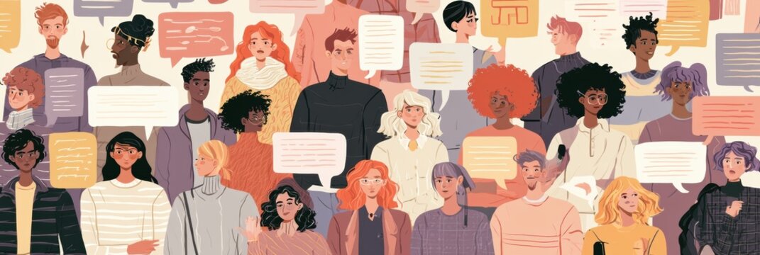 A diverse team is gathered, displaying various communication styles in speech bubbles.