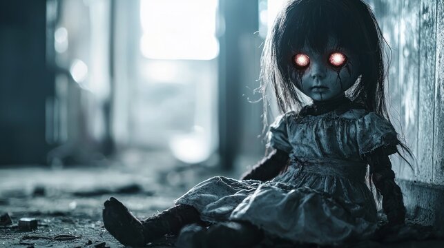 Creepy doll with glowing eyes in dark