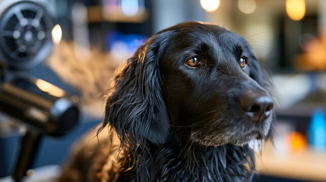 A specialized pet dryer blowing air on a large black dog standing in a salon area, specialized dryer, large black dog, salon area, drying service, professional care, modern setup,