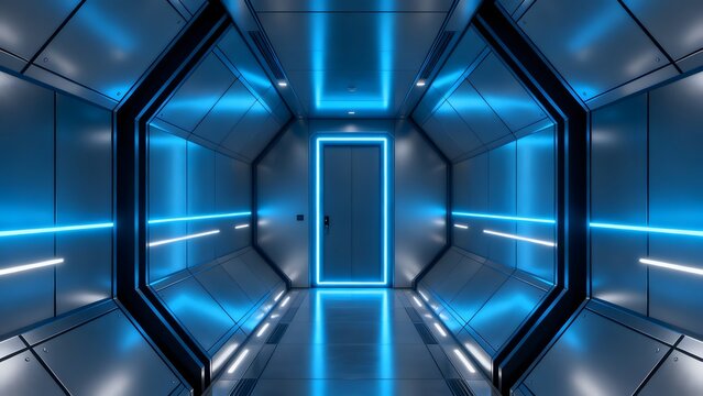 Futuristic corridor with blue neon lights