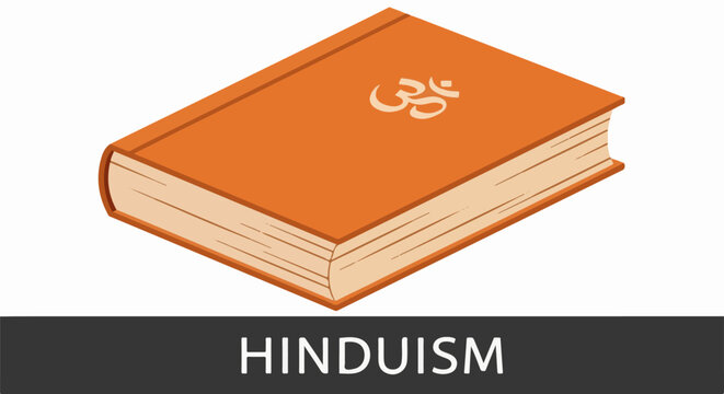 An isometric illustration of an orange book with the Om symbol on its cover