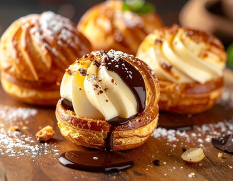Bombolini with dual vanilla and chocolate cream center blending as it melts outward, thick glossy filling, airy dough texture clearly visible, clean luxury presentation