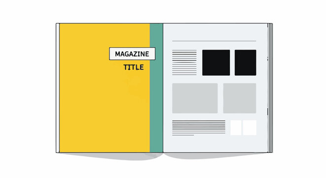 An open magazine with a yellow cover and content layout on the right page