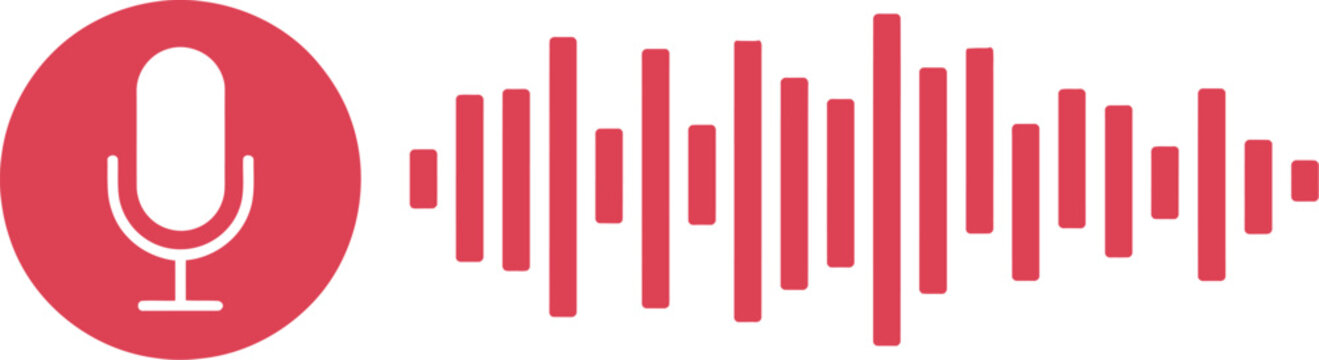 Microphone equalizer graphic, single red mic icon with audio equalizer bars for music recording podcast and sound technology design.