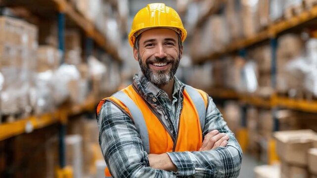 Warehouse Worker's Confident Demeanor: A warehouse worker, equipped with a safety vest and hard hat, beams with confidence as he stands amidst shelves filled with goods.