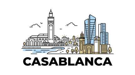 Obraz premium Stylized Digital Illustration of Casablanca's Iconic Skyline Highlighting Architectural Diversity and Cultural Significance of