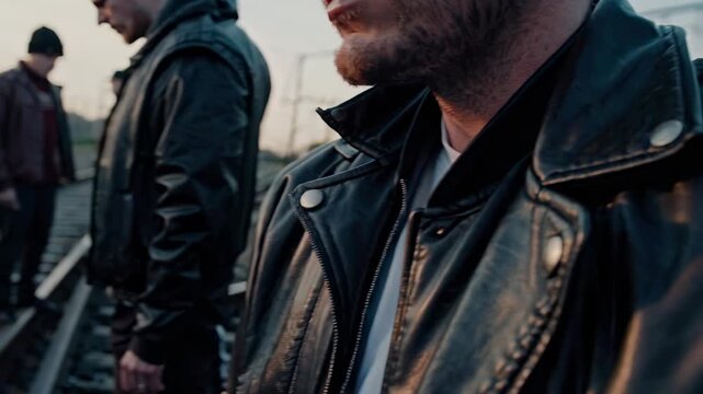 Bandits gather on abandoned railway for tense criminal showdown. Moody industrial backdrop amplifies risk as criminals plan under bleak sky. Criminal bandits confront each other in desolate railyard.