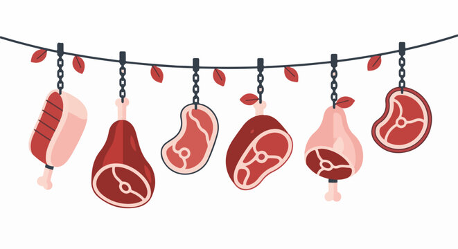 Assorted raw meat cuts and chops hanging from a chain on a white background