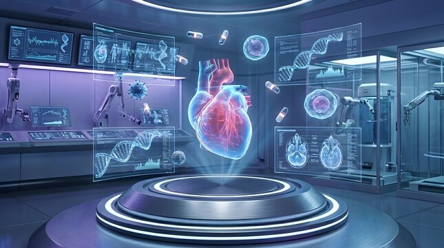Medical research using holographic projections of human heart and dna strands.