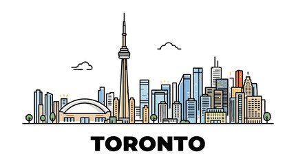 Fototapeta premium Stylized illustration of Toronto city skyline featuring prominent CN Tower and diverse skyscrapers with modern design elements